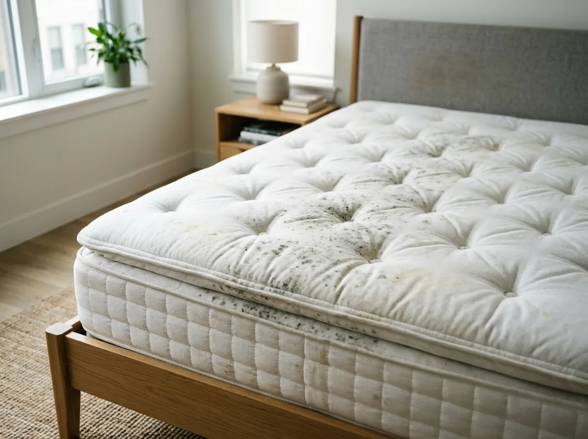Mould growth visible across tufted mattress surface