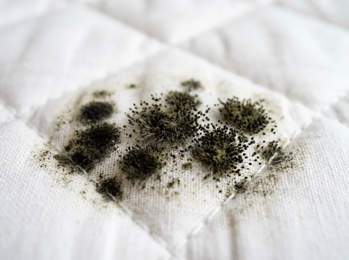Extreme close-up of mould spore colonies on mattress fabric